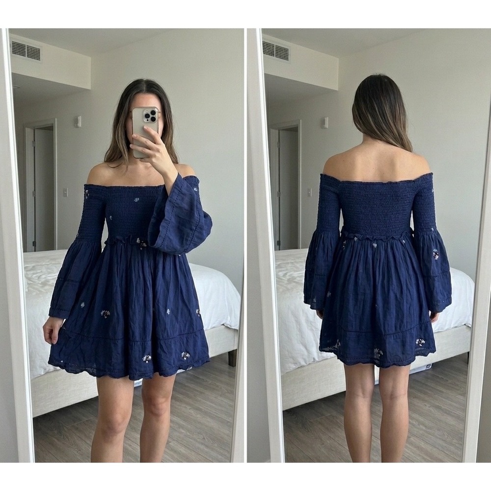 Free People‎ Smocked Mini Dress S Navy Blue Off Shoulder Embroidered Bell Sleeve